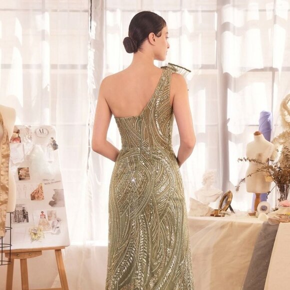 NEW FORMAL LONG ONE SHOULDER SHEATH RHINESTONES EMBELLISHED GALA DRESS CD A1435 - Picture 8 of 13